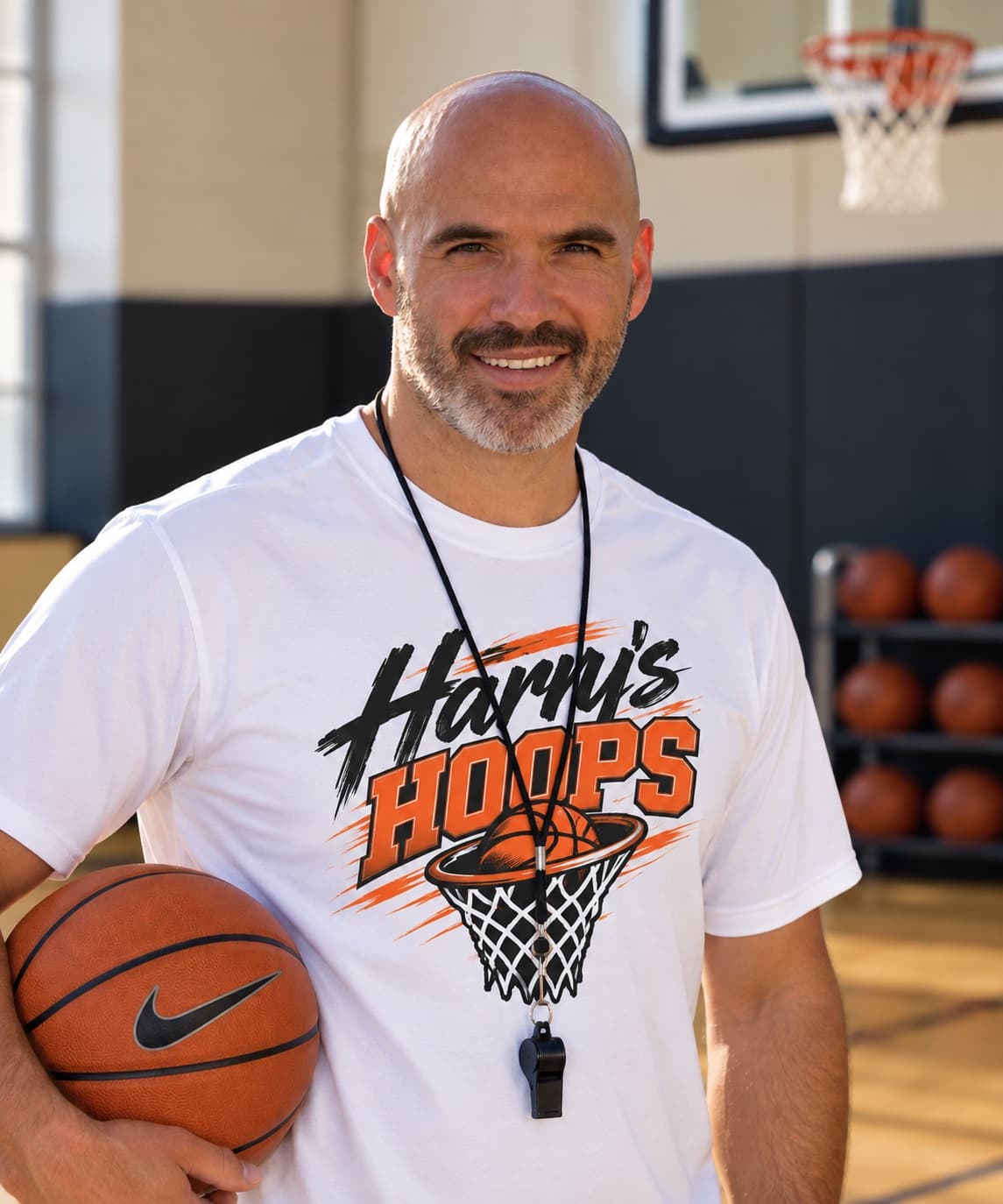 Coach Paul in a Harry's Hoops shirt holding a basketball in the gym